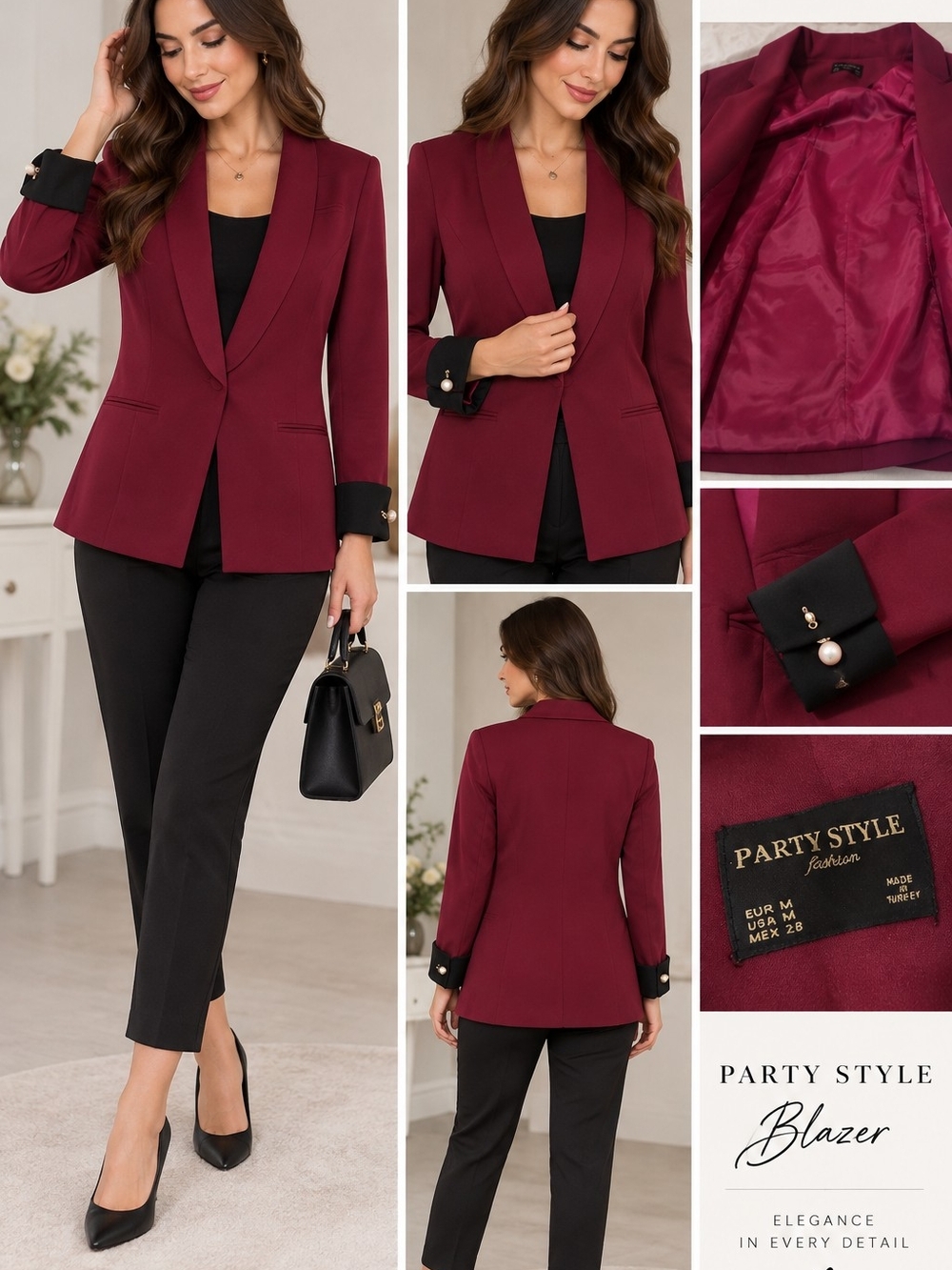 Women's Wine Red Blazer with Black Cuff Accents